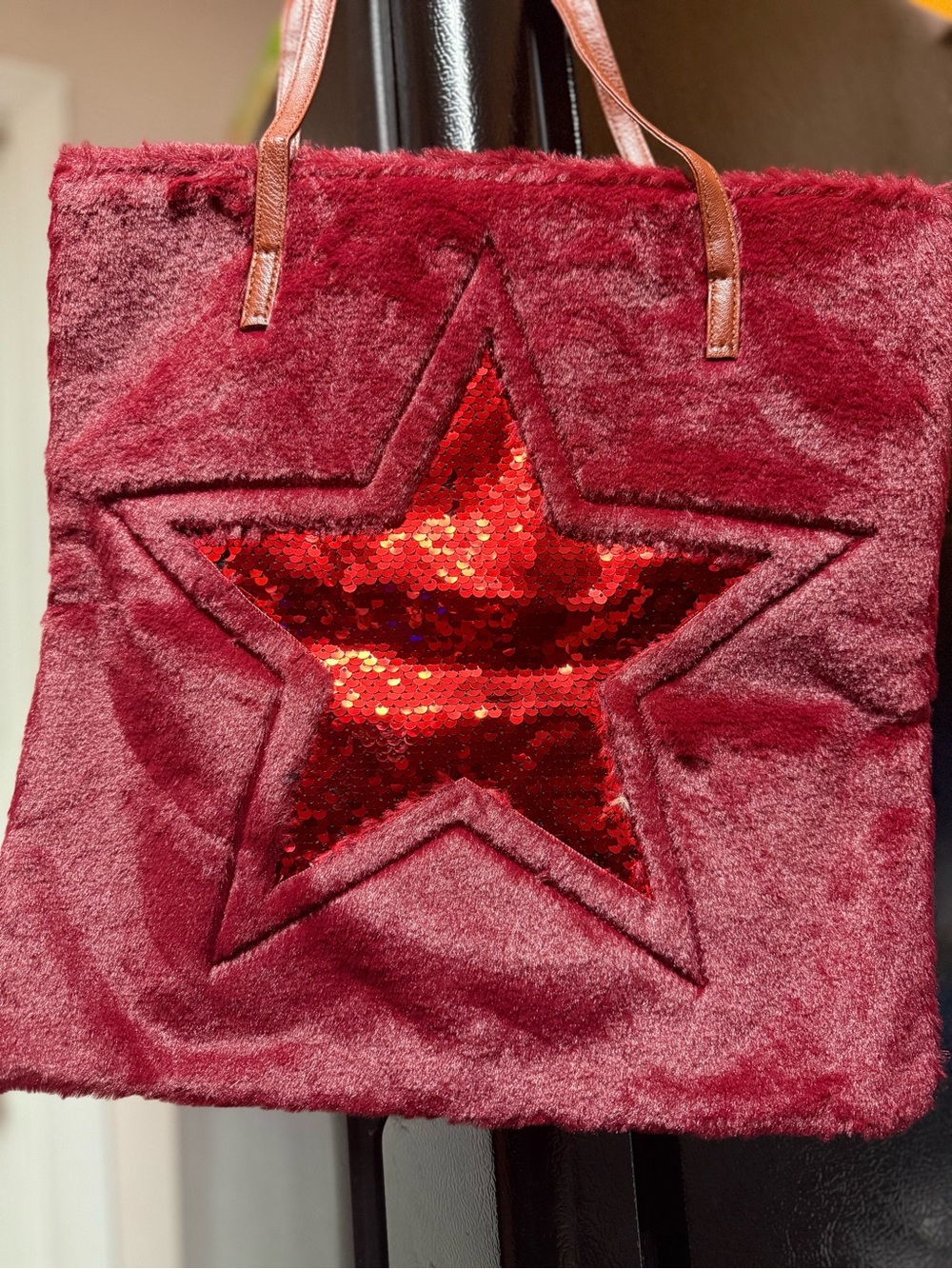 Burgundy Faux Fur Reversible Sequin Star Oversized Tote Bag NWT